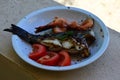 Grilled tail part of fish from Dentex family with crunchy grilled larger shrimps and fresh sliced tomatoes.