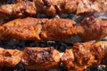 Grilled tasty juicy pork shish kebab cooking on metal skewers on charcoal grill with fragrant fire smoke Royalty Free Stock Photo