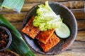 Grilled tempeh or fried tempeh with red barbecue sauce, vegetables and chili sauce served on an earthenware mortar Royalty Free Stock Photo