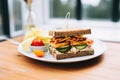 grilled tempeh sandwich with vegan cheese and pickles