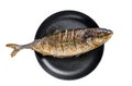 Grilled teriyaki flavored Yellowtail, Japanese amberjack in a pan. Isolate, white background.