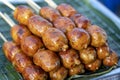 Grilled Thai sausage at street food market in Thailand, closeup. Traditional Thai sausage with pork and rice, delicious street Royalty Free Stock Photo