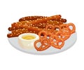Grilled Thin Sausages or Wiener with Salted Pretzel Rested on Plate as Festive Food for Oktoberfest Celebration Vector