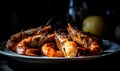Grilled tiger shrimp on black plate. Fryed shrimp on plate. generative ai