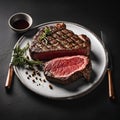 Beef T-Bone steak or aged wagyu porterhouse grilled beef steak Medium rare on a black table - 1