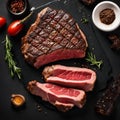 Beef T-Bone steak or aged wagyu porterhouse grilled beef steak Medium rare on a black table - 1