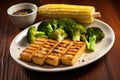 grilled tofu with a side of grilled corn and broccoli