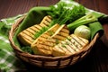 grilled tofu steaks in a rustic basket with green veggies