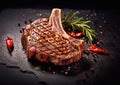 Grilled tomahawk beef steak with rosemary and pepper on black.Macro.AI Generative