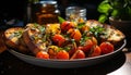 Grilled tomato, freshness, gourmet, healthy eating, vegetarian food generated by AI