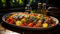 Grilled tomato, vegetable skewer, gourmet meal, barbecue lunch, freshness plate generated by AI