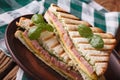 Grilled triangular ham sandwich close up horizontal Royalty Free Stock Photo