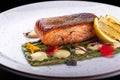 Grilled trout. Trout steak on a white plate Royalty Free Stock Photo