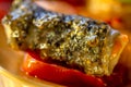 Grilled a trout on a tomato. Fried golden a skin of fish. Art photography. Royalty Free Stock Photo