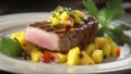 Grilled tuna fillet with mango salad on a white plate. AI Generative