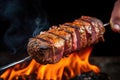 grilled tuna on a fork being lifted by human hand