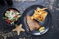 Grilled tuna steak served with potato fries in a metal serving basket and salad mix, on black plates, top view. Royalty Free Stock Photo