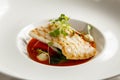 Grilled turbot, tabouli, sweet pepper sauce and summer vegetables. White dish Royalty Free Stock Photo