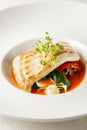 Grilled turbot, tabouli, sweet pepper sauce and summer vegetables. White dish Royalty Free Stock Photo