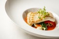 Grilled turbot, tabouli, sweet pepper sauce and summer vegetables. White dish Royalty Free Stock Photo