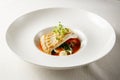 Grilled turbot, tabouli, sweet pepper sauce and summer vegetables. White dish Royalty Free Stock Photo