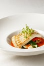 Grilled turbot, tabouli, sweet pepper sauce and summer vegetables. White dish Royalty Free Stock Photo