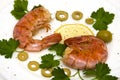 Grilled two large shrimp on round white plate Royalty Free Stock Photo