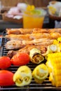 Grilled vegetable and chicken skewers on a hot barbecue Royalty Free Stock Photo