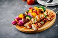 Grilled vegetable and chicken skewers with sweet corn, paprika, zucchini, onion, tomato and mushroom Royalty Free Stock Photo