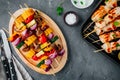 Grilled vegetable and chicken skewers with sweet corn, paprika, zucchini, onion, tomato and mushroom Royalty Free Stock Photo