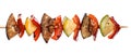 Grilled vegetable kebab on skewer with tomato, pepper, zucchini, squash and eggplant on white background, isolated food