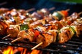 Grilled meat skewers on barbecue grill. Grilling shashlik, shish kebabs, grilled meat and vegetables. Generative AI