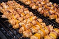 Shish kebab from chicken, pepper and bacon. Grilled vegetable and meat skewers on a grill pan Royalty Free Stock Photo