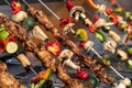 Grilled vegetable and meat skewers Royalty Free Stock Photo