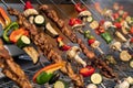 Grilled vegetable and meat skewers Royalty Free Stock Photo