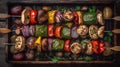 Grilled vegetable and meat skewers in a herb marinade on a grill pan. Generative AI Royalty Free Stock Photo