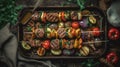 Grilled vegetable and meat skewers in a herb marinade on a grill pan. Generative AI Royalty Free Stock Photo
