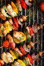 Grilled vegetable and meat skewers in a herb marinade on a grill pan Royalty Free Stock Photo