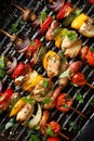 Grilled vegetable and meat skewers in a herb marinade on a grill pan Royalty Free Stock Photo