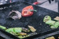 Grilled vegetable and meat skewers in a herb marinade on grill pan, top view Royalty Free Stock Photo