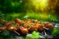 Grilled vegetable and meat skewers in the park on green grass. Shashlik, shish kebabs, grilled meat and vegetables. Generative AI