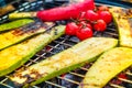 Grilled vegetable skewers in a herb marinade on a grill pan Royalty Free Stock Photo
