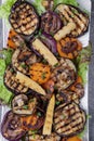 Grilled vegetables assortment. Mini corn, eggplant, sweet potato, red onion and champignon