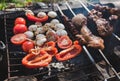 Grilled vegetables, chicken and pork meat on the open fire. Onions, mushrooms, tomatoes and red pepper on the grill grate. Royalty Free Stock Photo