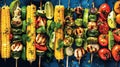 grilled vegetables and corn on the cob on skewers