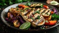 Grilled Halloumi Cheese with Roasted Vegetables and Lime, Healthy Vegetarian Food Dish Royalty Free Stock Photo