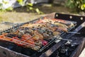Grilled vegetables on the grill. Eggplants, peppers, mushrooms are baked on charcoal. Blurred background