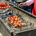 Grilled vegetables and meat is fried on skewers on a hot coal. Royalty Free Stock Photo