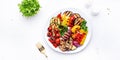 Grilled vegetables: paprika, zucchini, eggplant, mushrooms, tomatoes and onion on plate, white table background, top view banner Royalty Free Stock Photo