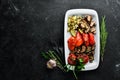 Grilled vegetables on a plate. Tomatoes, eggplants, mushrooms, zucchini. Dishes, food. Top view. Royalty Free Stock Photo